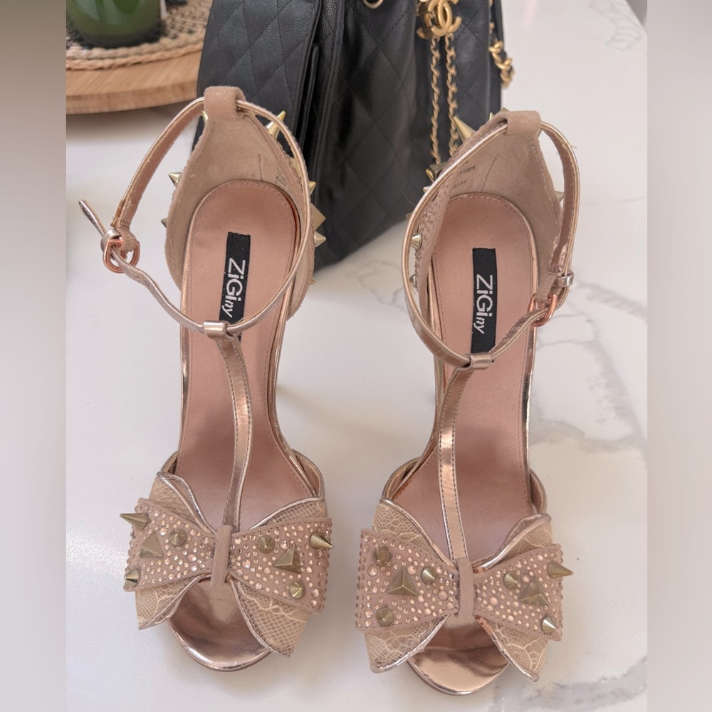 Women's Gold Heels with Bow Detail